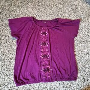 Croft & Barrow Purple Floral Embroidered Bubble Hem Top Women Large Short Sleeve